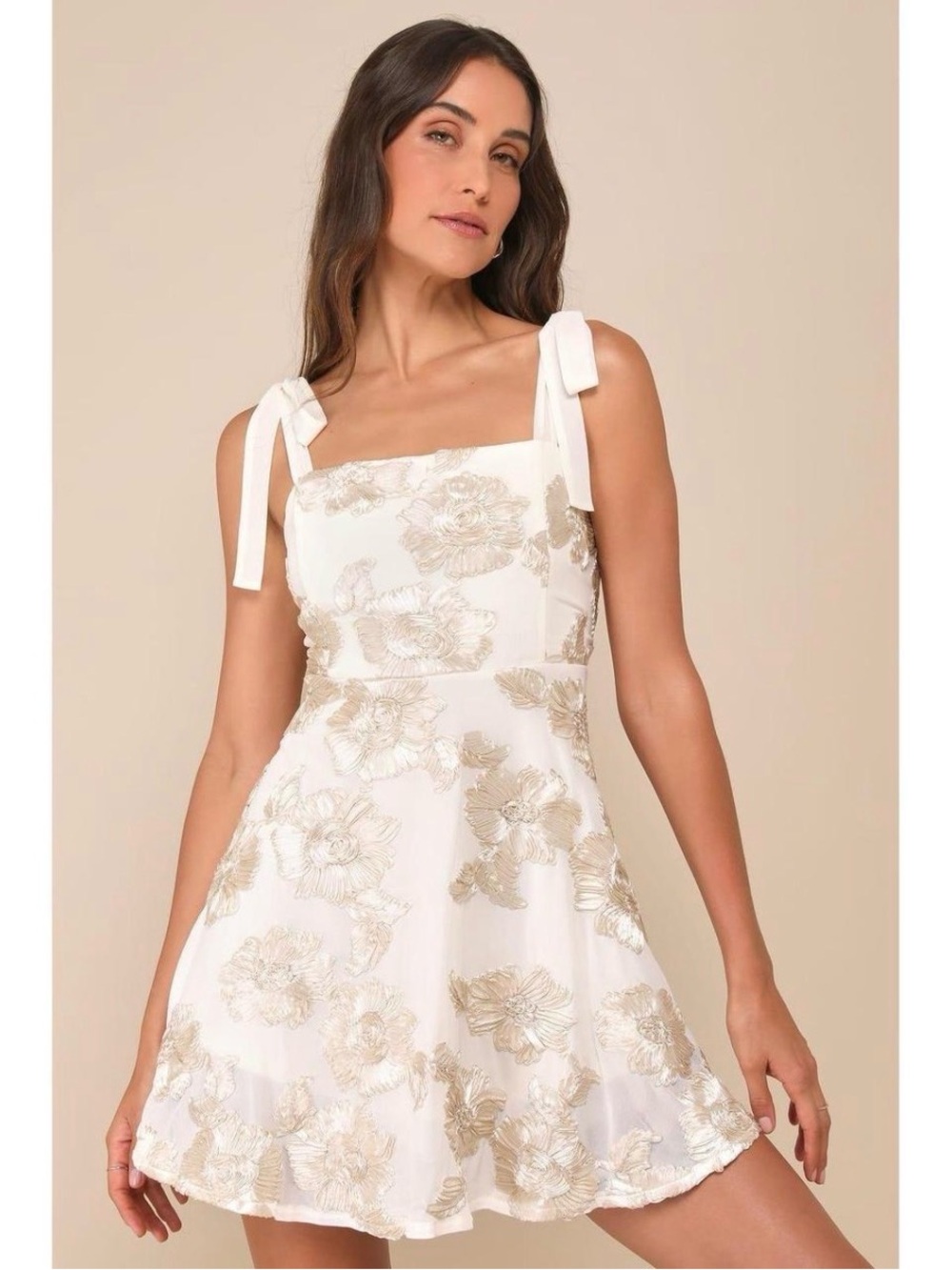 Lulu’s Truly Inspiring Ivory Mesh Floral Applique Tie-Strap Mini Dress
